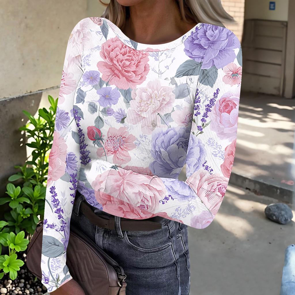 Women’s Casual Long Sleeve Crew Neck Top with Floral Print Ribbed Texture Lightweight Pullover Blouse for Everyday Wear