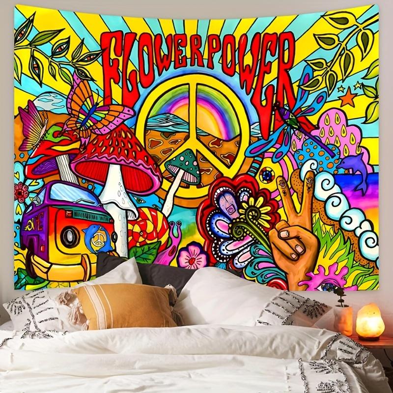 Arazzo Hippie Retrò, Stampa Colorata con Simbolo della Pace, Farfalle Arte Psichedelica, Arte da Parete Bohemien per Soggiorno