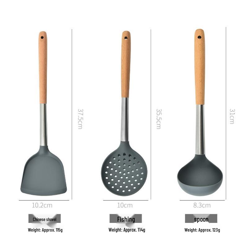 Silikon-Küchenutensilien-Set: 3-teiliger Holzgriff - Spatel, Bratspatel, Schöpfkelle und Schaumlöffel