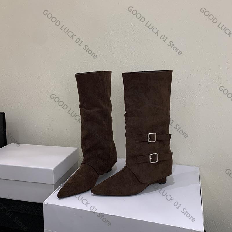 Fashion 2025 Vintage Suede Women Trouser Legs Boots Fashion Belt Buckle Slip On Shoes Autumn Winter Wedges Heel Ladies Long Booties