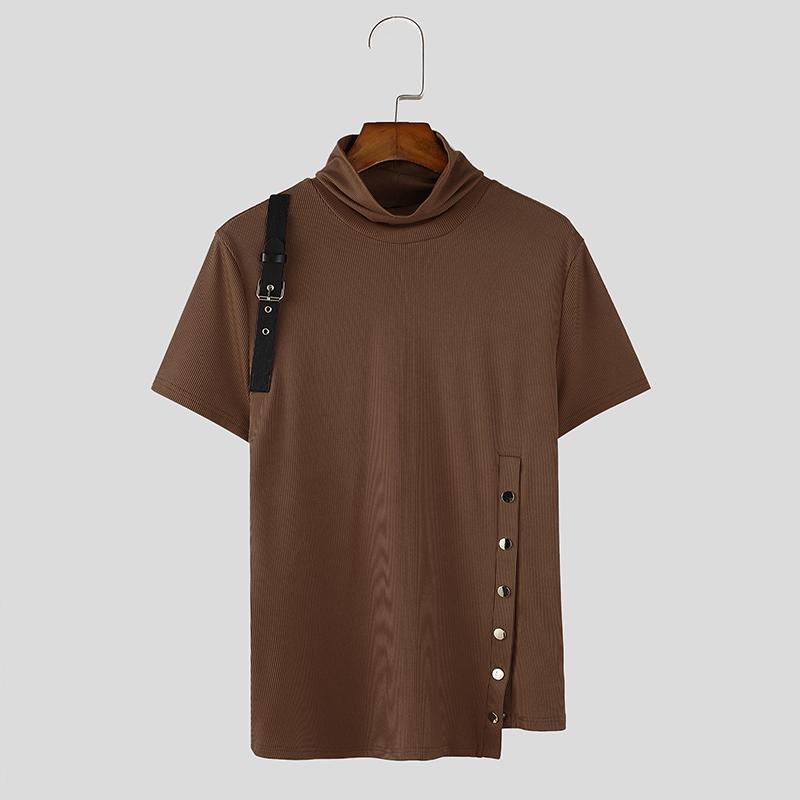 

INCERUN Men Summer Turtleneck Short Sleeve Rib Casual Irregular Skinny T-shirts Tee Tops L