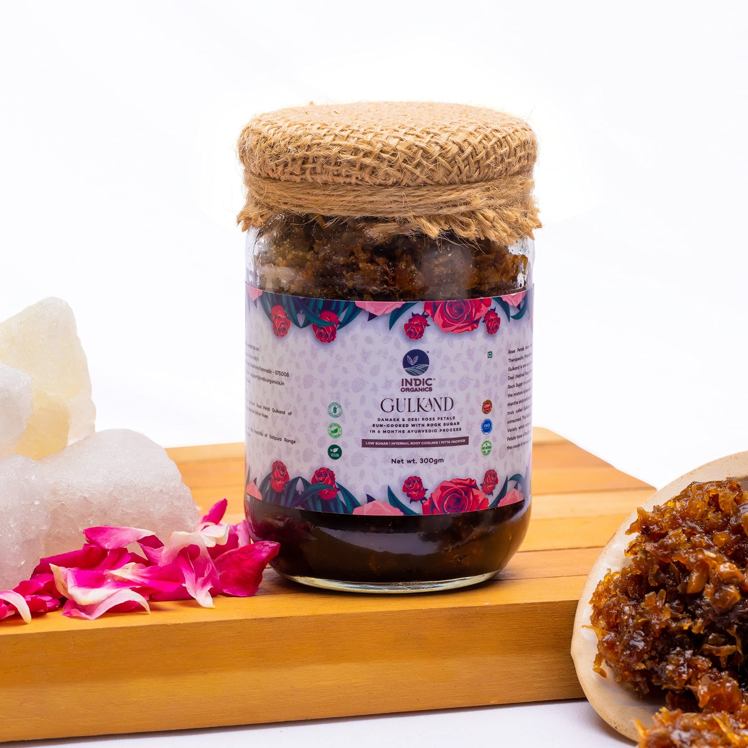 Indic Organics Gulkand of Desi & Damask Rose Petals Sun-Cooked with Rock Sugar (Mishri) in Ayurvedic Process for 6 Months | Low Sugar | Pitta Pac