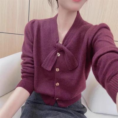 Bow Neckline Solid Color Knitted Sweater Autumn Large Size Fat MM Elegant Temperament Fashion Cardigan Long Sleeve Top