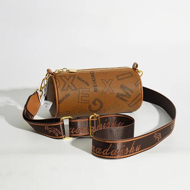 Soft Leather Crossbody Bags For Women Fashion Printed Cylindrical Barrel Messenger Bag Ladies Wide Strap Shoulder Bag