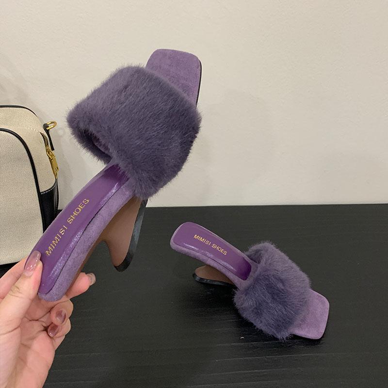 Fashion Female Wedges Footwear Warm Fashion Fur Women Pumps Heels Shoes Slides Square Toe Ladies Heeled Sandals Wedges Shoes