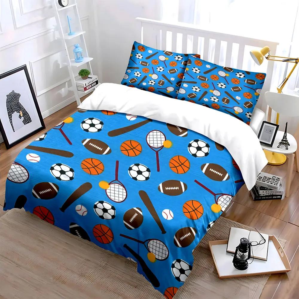 3Pcs Multi-Sport Bedding SetSoccer BasketballTennis and Baseball Print Duvet Cover+ 2 PillowcasesKids Bedroom Sports Decor