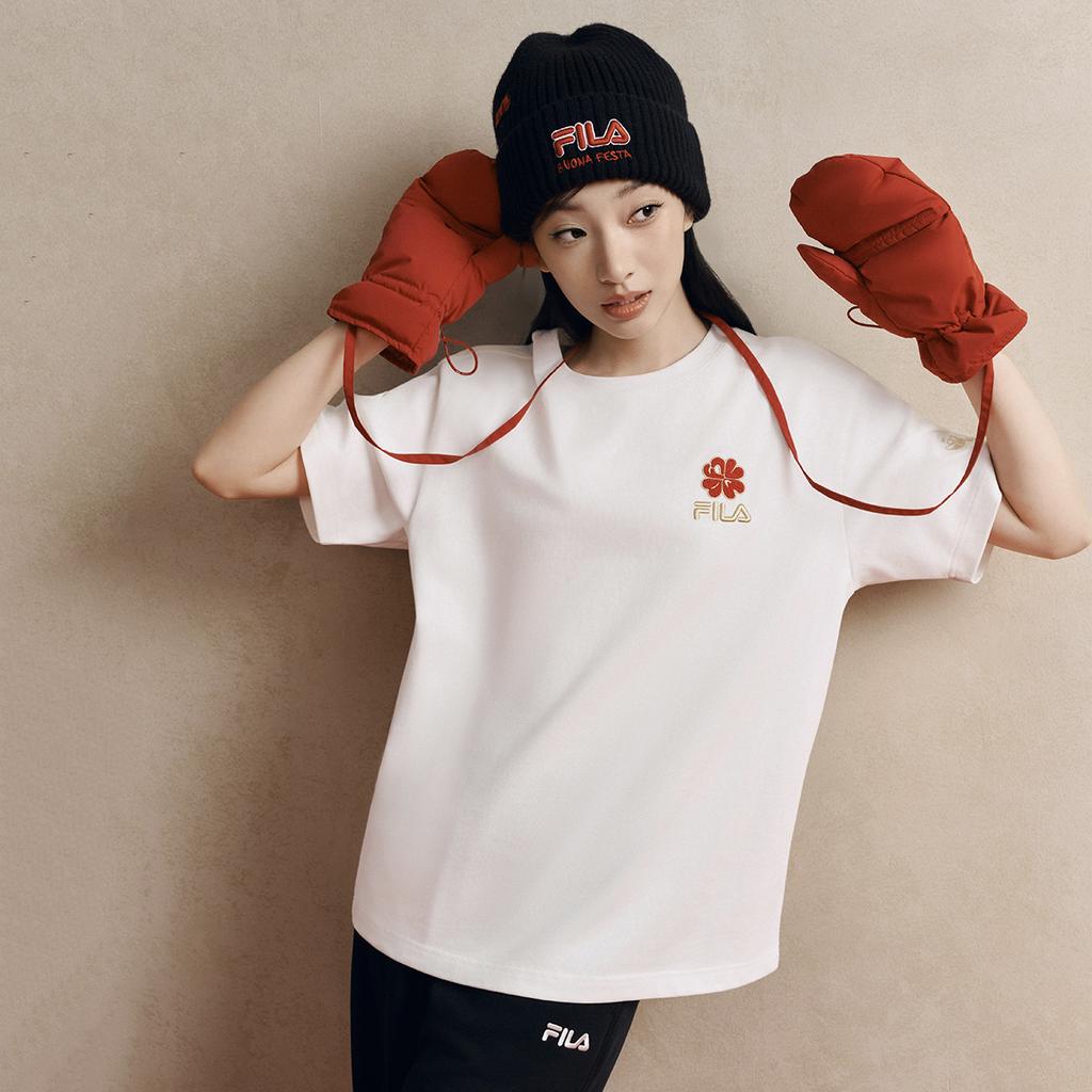 Fila Original Peony Flower T Fashion Simple Classic Retro Casual Sports Comfortable Knitted Loose Short Sleeve T-Shirt Unisex Tops F51U619101FWT