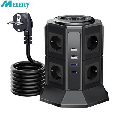 Meler Vertical Power Strip Surge Protector Multiple Sockets EU Electrical Plug Outlet USB Type-C Fast Charger 2m Extension Cable