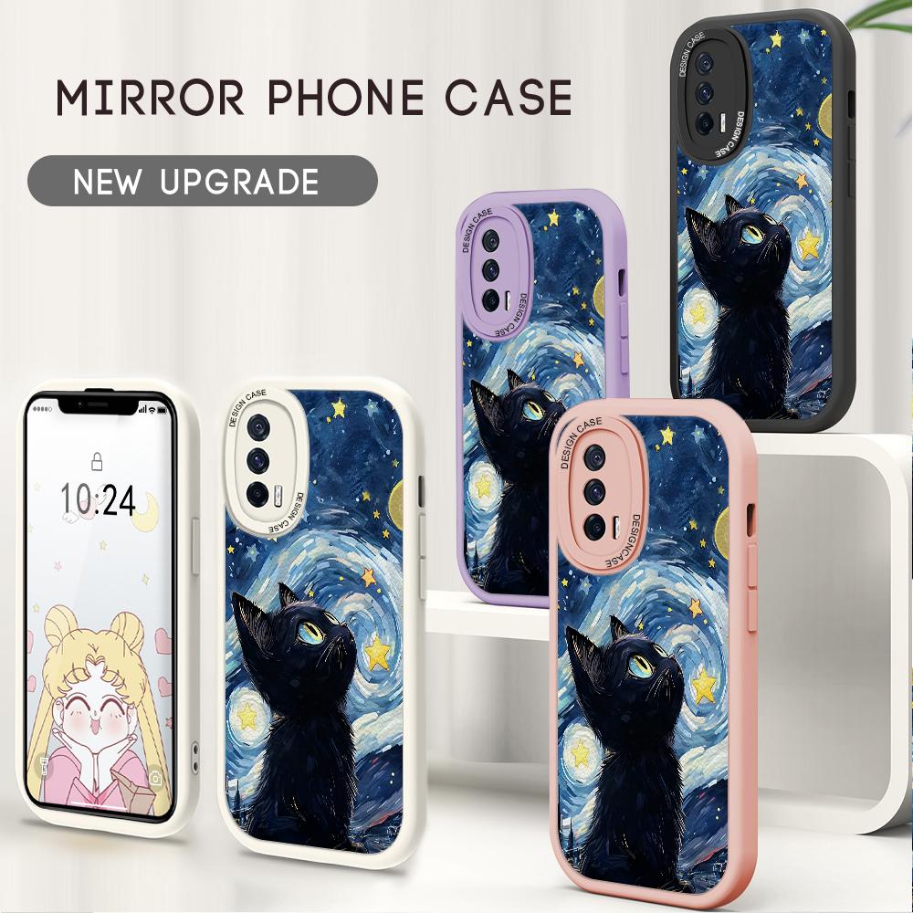 The Starry Night Black Cat PU Leather Phone Case for iPhone 15 14 13 12 Pro Max Samsung Galaxy S23 Ultra S20 FE A52 Redmi Xiaomi POCO Soft Cover