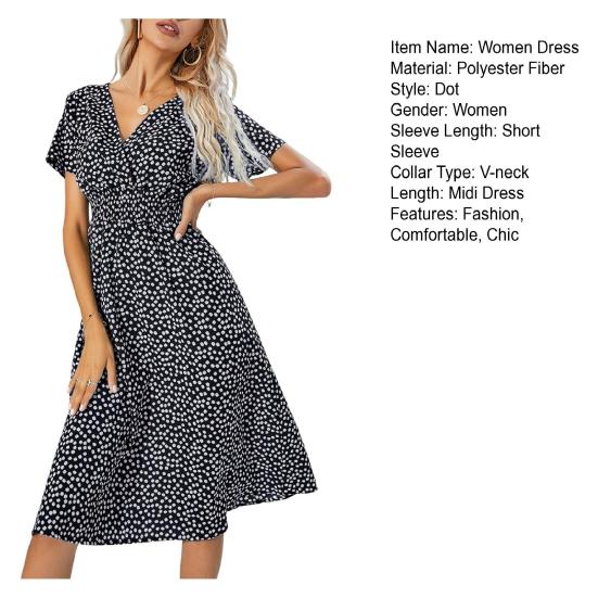 Women Polka Dot Chiffon Midi Dress Short Sleeve V Neck Flowy Dress Bohemian Summer Beach Sundress with Elastic Waist
