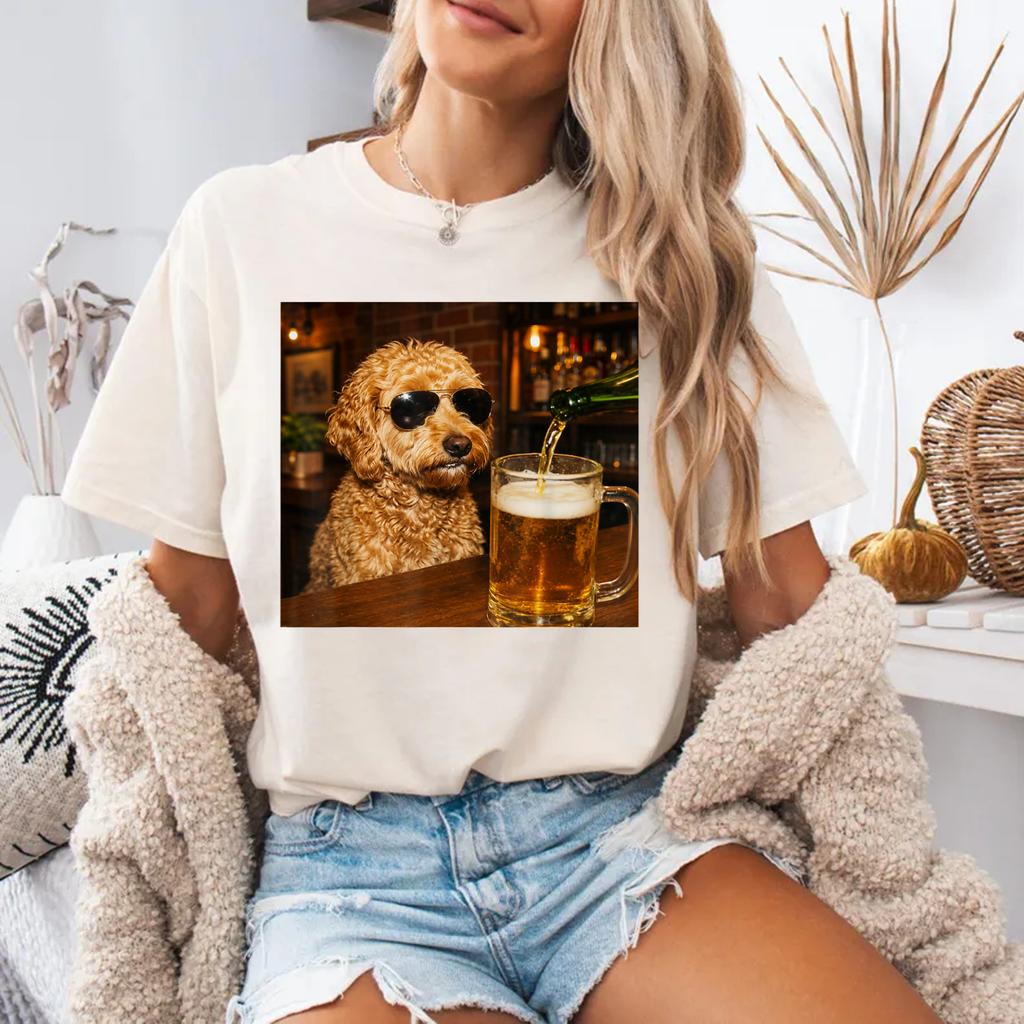 Funny Goldendoodle Drinking Beer Dog Lover Bar Humor Art T-Shirt