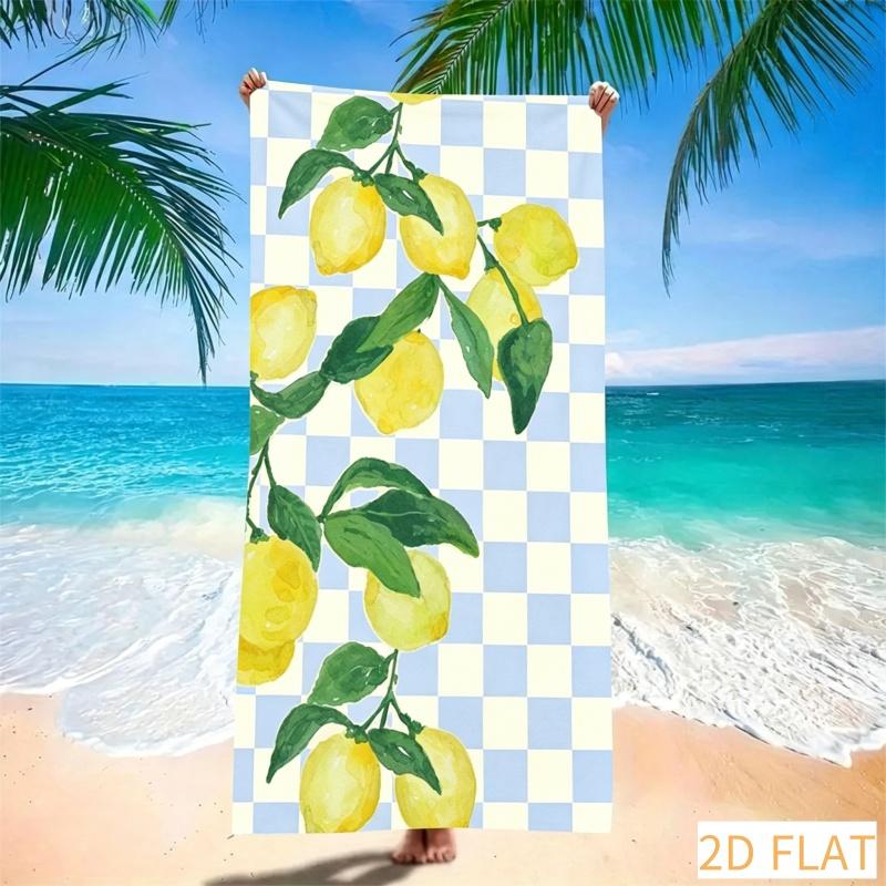 Fresh Lemon Checkered Beach Towel Super Absorbent Quick Dry Microfiber With Blue White Pattern Soft Sand Free Blanket For Picnic