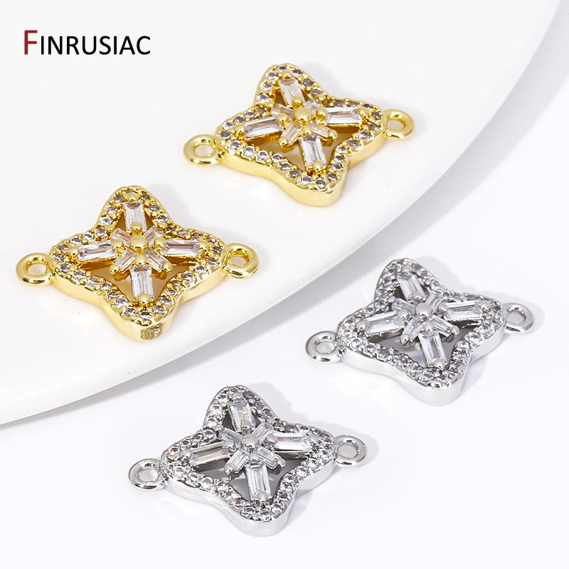 18K Gold Plated Brass Square Charm Connector,Inlaid Zircon Flower Pendant Connector For DIY Jewelry Making Accessories
