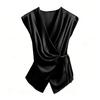 Women Tops Sleeveless Satin Swing Collar Pleated Strap Design Loose Fit Summer Tops Casual Work Party Date Wear