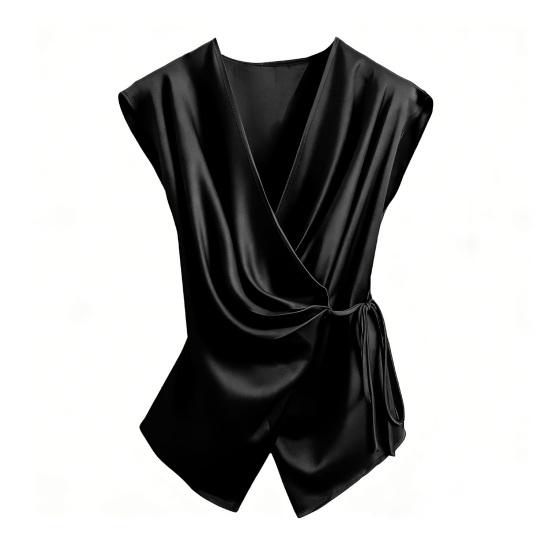 Women Tops Sleeveless Satin Swing Collar Pleated Strap Design Loose Fit Summer Tops Casual Work Party Date Wear