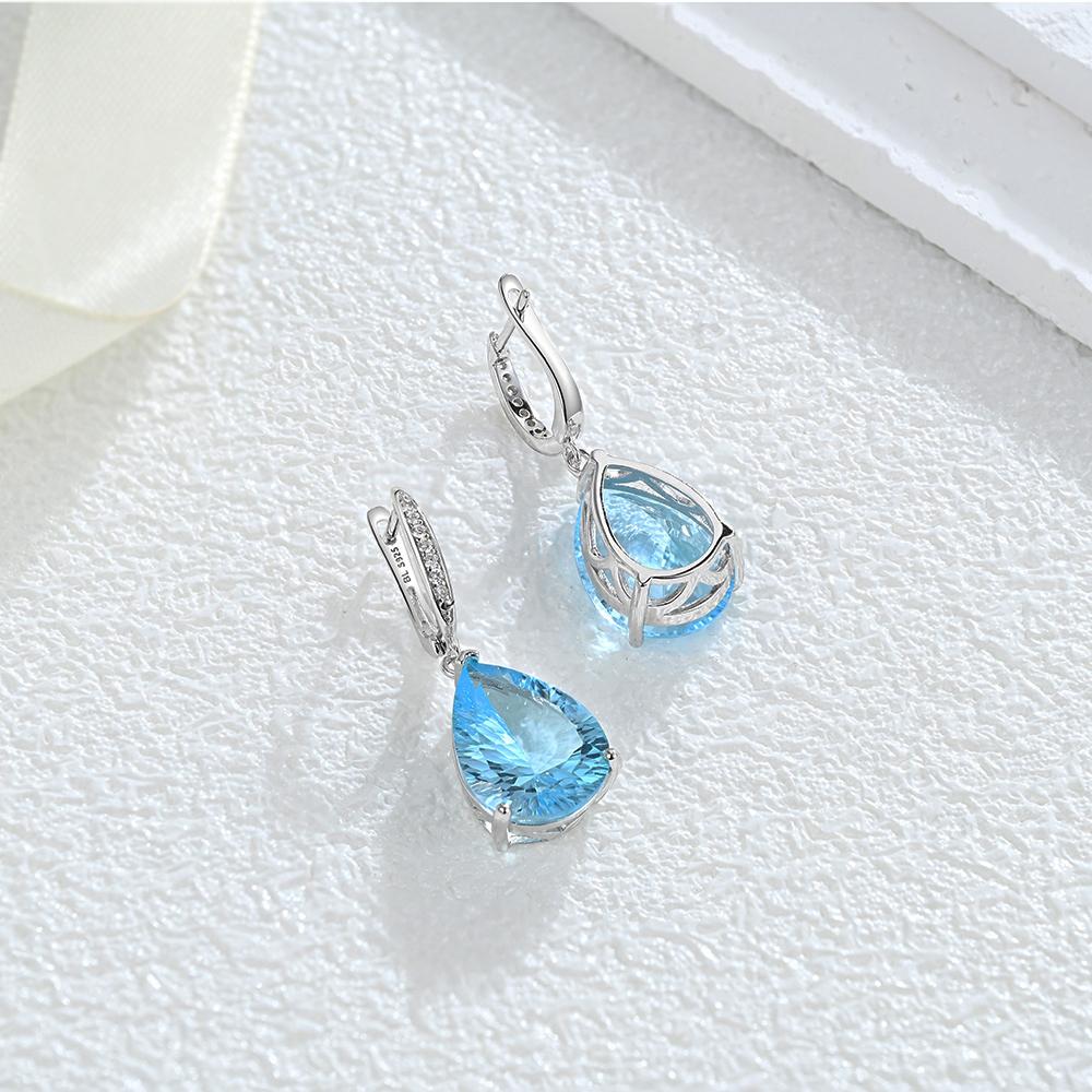 Elegant Dangle Clasp Silver Earring for Women & Girls Natural Huge Pears Shape Sky Blue Topaz Fine Jewelry Parties Birthday Gift