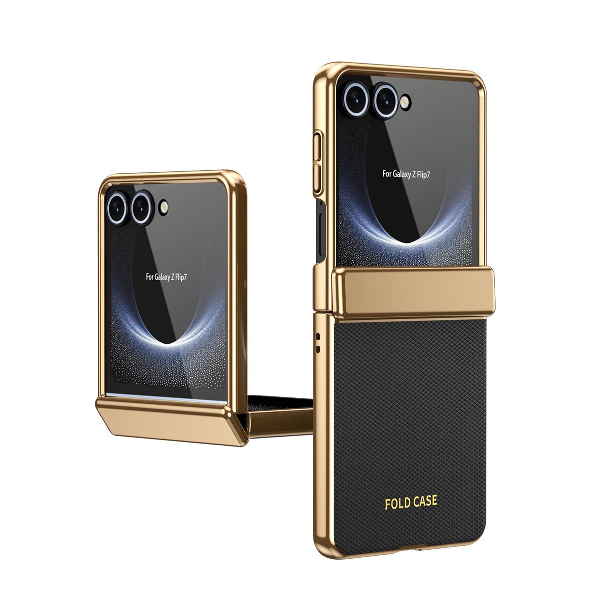 

For Samsung Galaxy Z Flip 7 6 5 4 3 Flip7 FE PU Leather Plating Hinge Full Protective Glass Front Film Drop Resistant Phone Case Galaxy Z Flip7 чорний