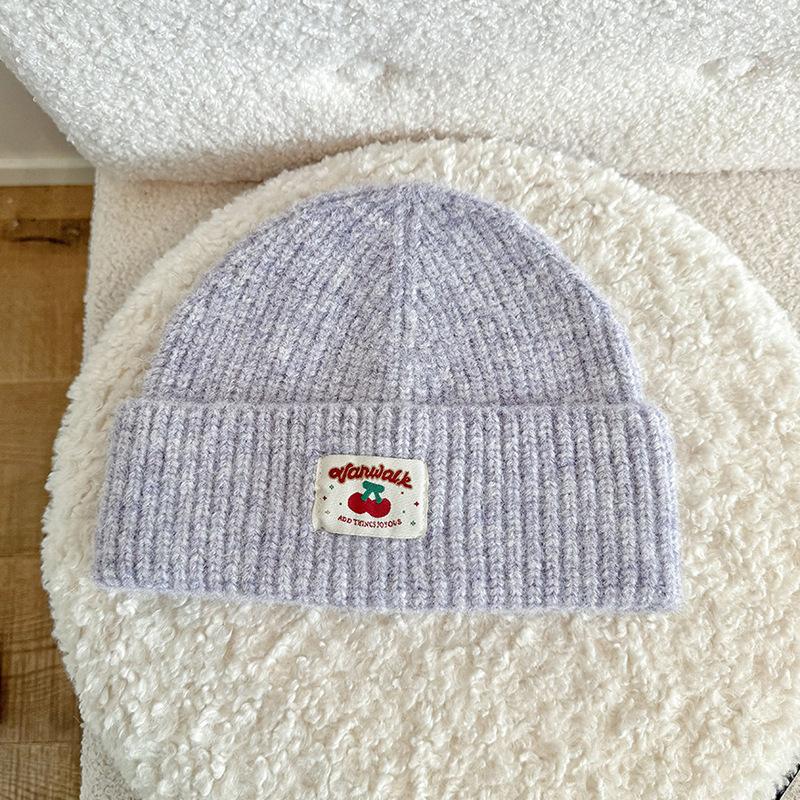 Autumn and Winter Embroidered Cloth Label Cherry Woolen Hat Korean Style Simple Face Showing Small Cold Hat Ear Protection Pullover Head Woolen Hat