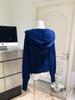 Women's Dark Blue Zip-Up Knit Cardigan, Korean Style, Waist-Cinching, Hooded, Long Sleeve, Autumn/Winter Short Jacket.
