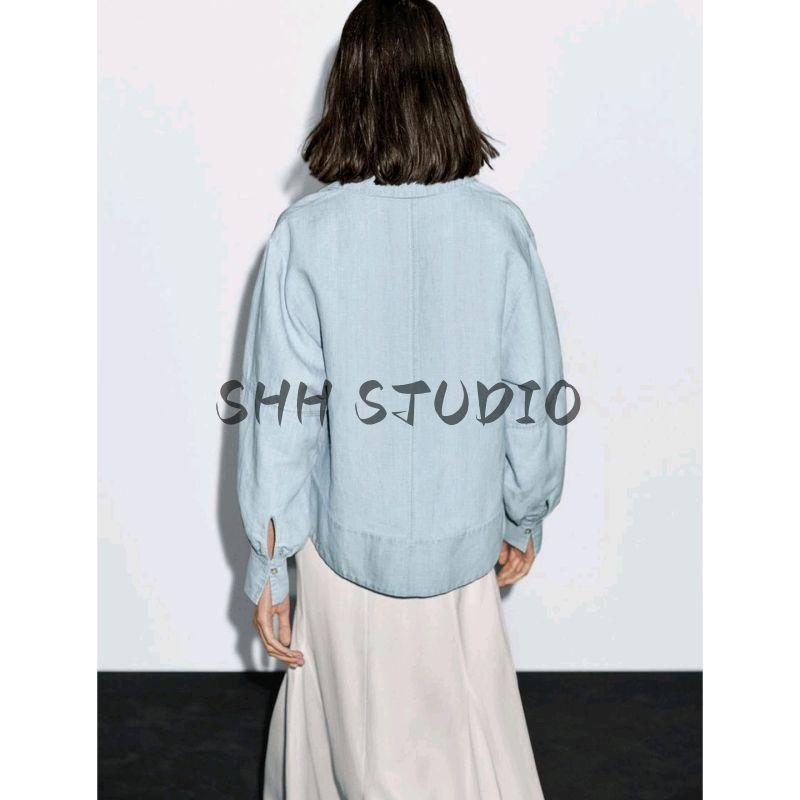 MD Autumn New Women Clothes Casual Minimalist Temperament Pullover Denim Long Sleeve Shirts Top 5115800