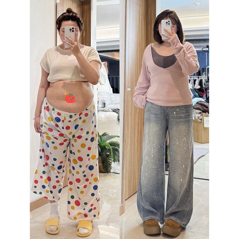 

Plus-Size Women s Jeans with Rhinestones, New Spring Style for Women, Flattering for Pear-Shaped Body, Wide-Leg Pants Blue 2XL