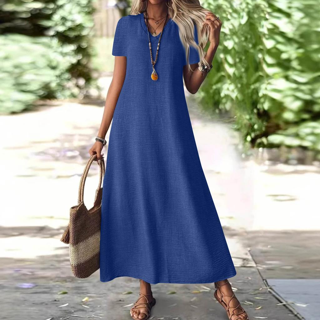 Damenmode V-Ausschnitt Kurzarm Farbe Reißverschluss Lässig Urlaub Langes Kleid Baumwolle Leinen Kleider