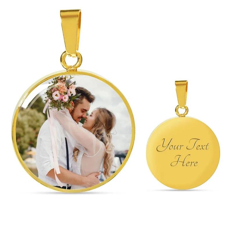 Amaxer Personalisierte Herzfarbe Foto Halskette Benutzerdefinierte Bild Text Gravur Runde Form Edelstahl Anhänger Schmuck Geschenk