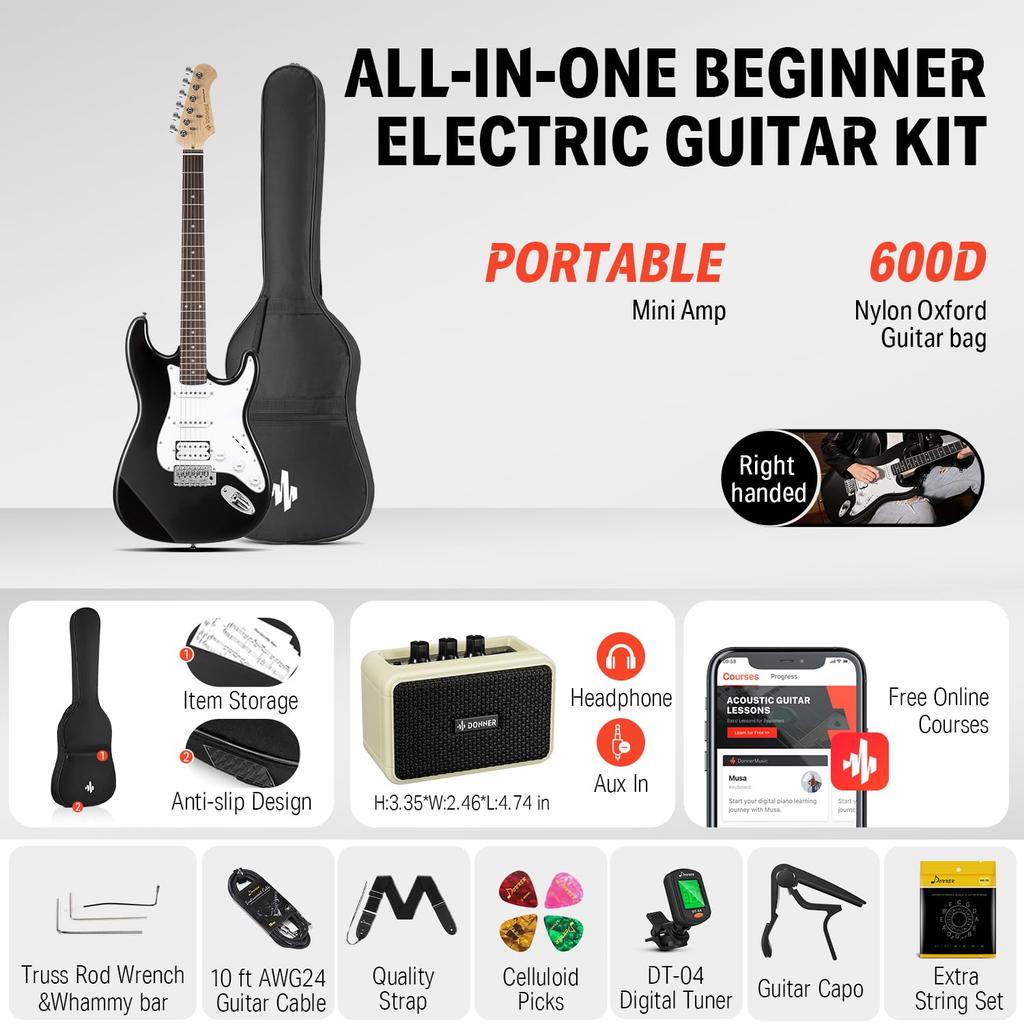 Donner Electric Guitar Beginner Set ST Type SSH Pickup Arrangement 39 Inches Full Size Poplar Wood Mini Amplifier Black 7 Piece Accessory Set