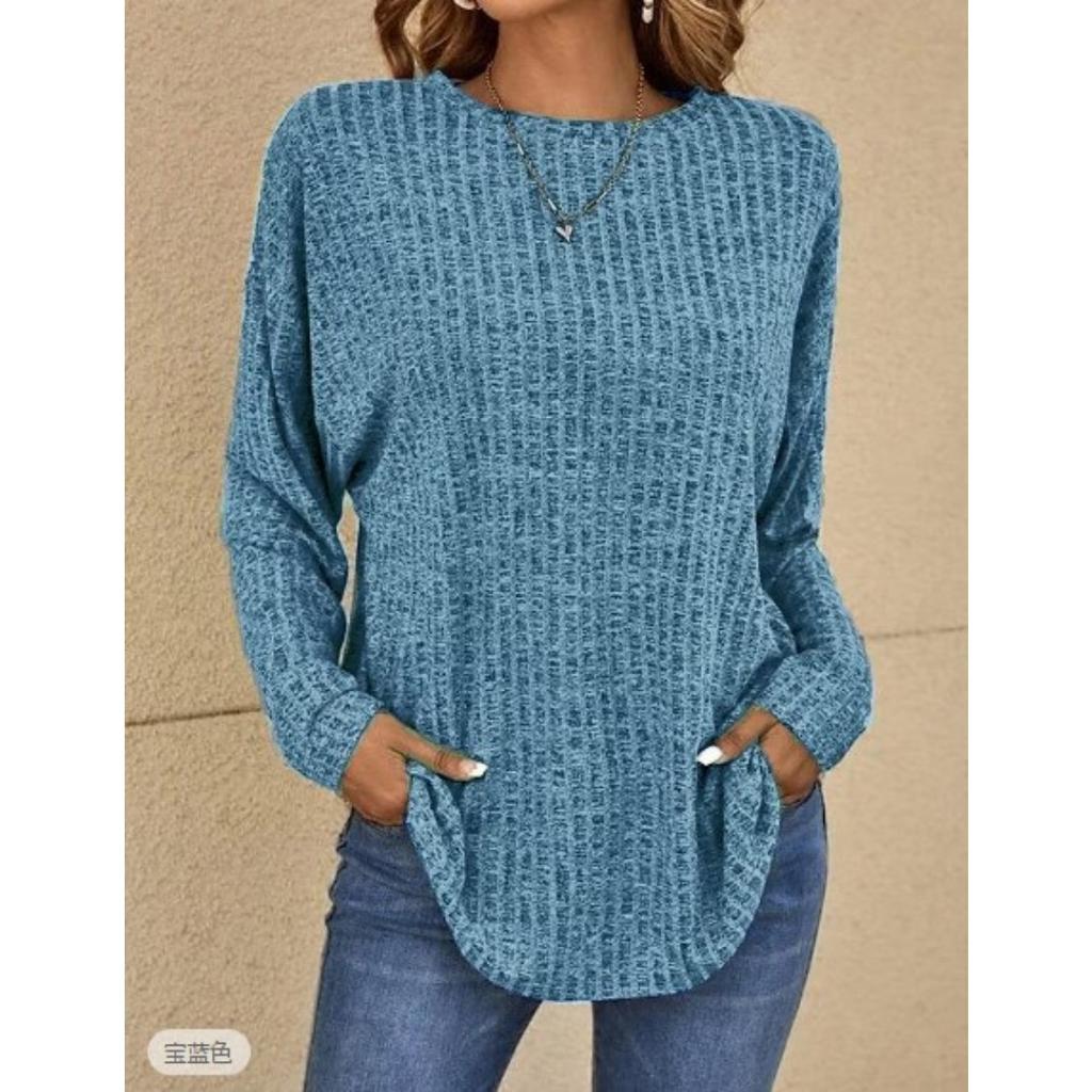 Fall New Ribbed Crew Neck Loose Long Sleeve Knit Top T-shirt for Women European American Style