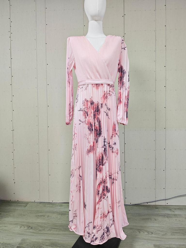 Elegant European Long Sleeve Printed V-Neck Mid-Length Vacation Dress 2025
