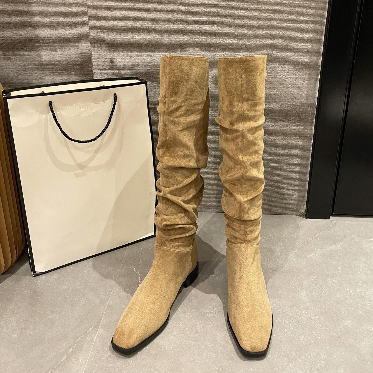 

2024 autumn and winter new Su Yinyin same elastic boots square head low heel high tube fashionable versatile stacking boots thin boots 35 хаки