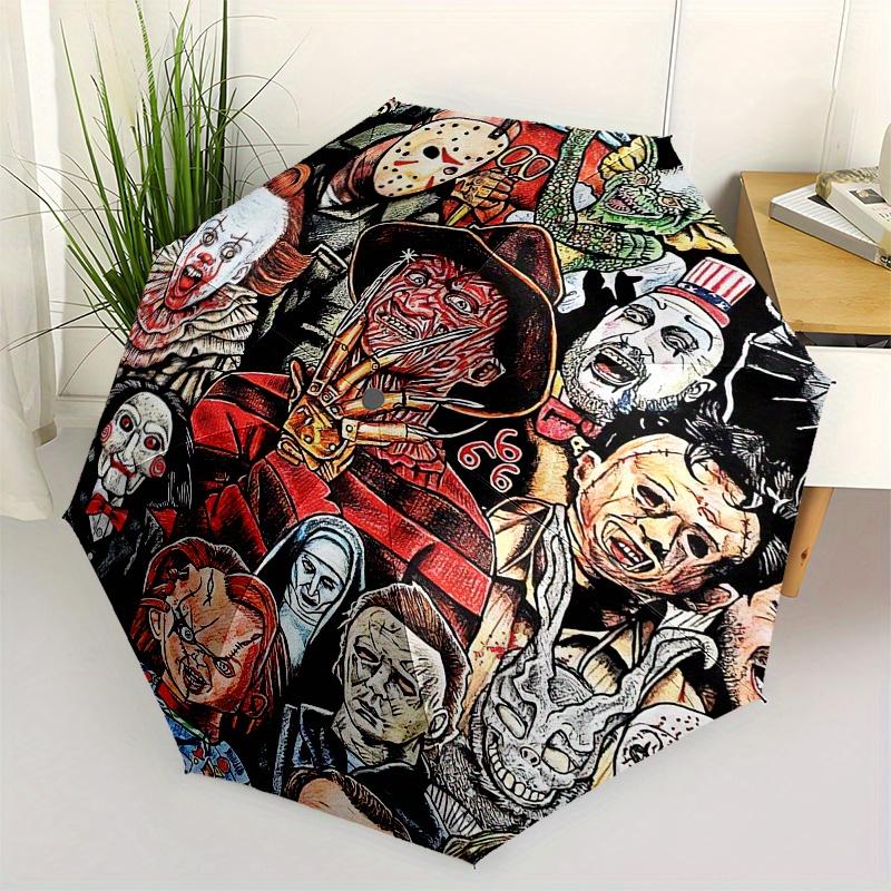 Halloween Horror Characters Circular Wall Sticker, Freddy, Jason, Michael Myers, Pennywise & More! Umbrella, Cute Umbrella with Cute Design, Portable