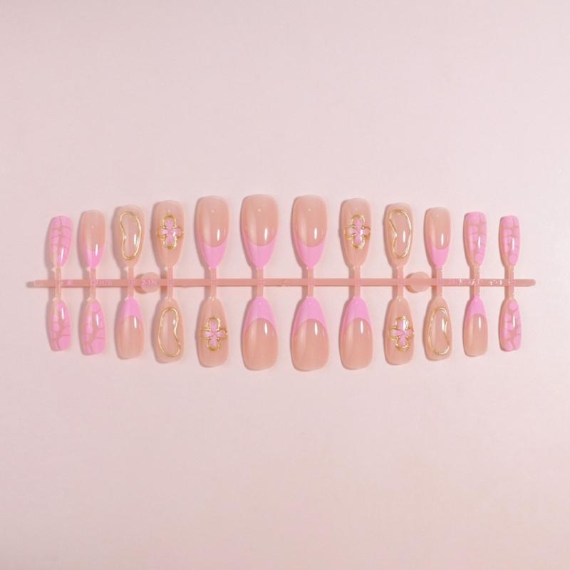 24Pcs False Almond Short False Nail Full Cover Stick on Nail French Tips Design Glossy Press On Nail for Women Girls