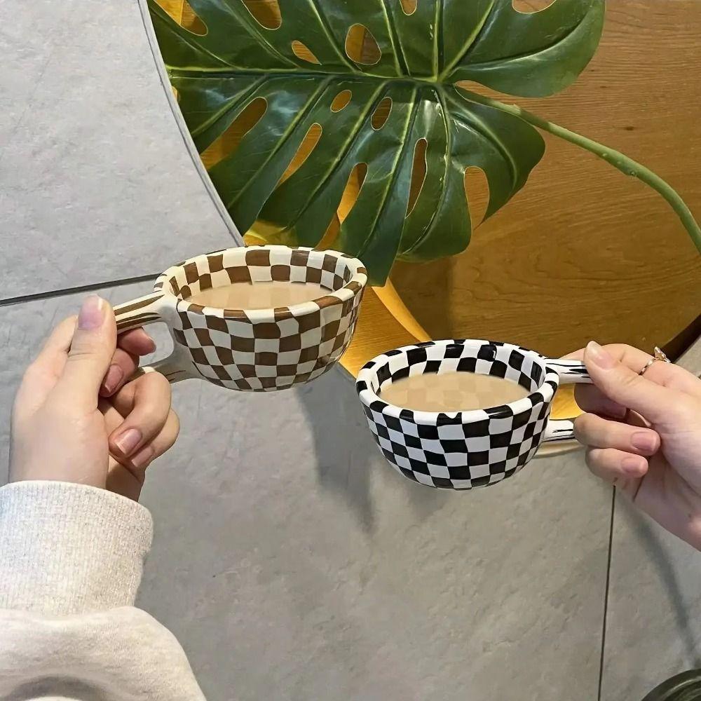 Plaid Irregular Chessboard Mugs Hand Pinched Breakfast Container Ceramic Coffee Cup  Home Decor
