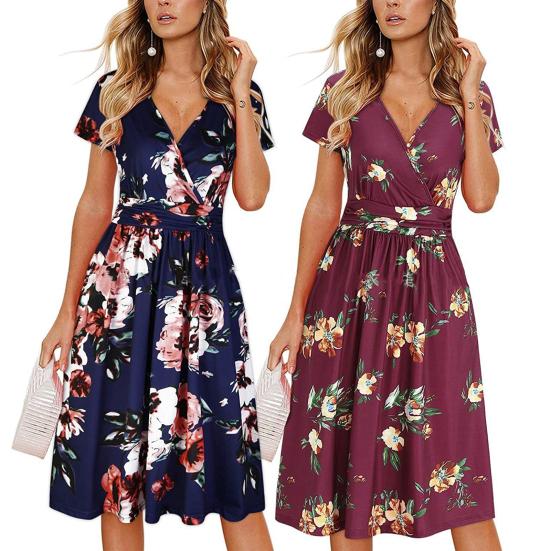 

Женское платье-миди с глубоким V-образным вырезом и коротким рукавом с цветочным принтом, трапециевидной формы, со свободным подолом, плиссированной длиной до середины икры, с высокой узкой талией, женское элегантное длинное платье S вино красного