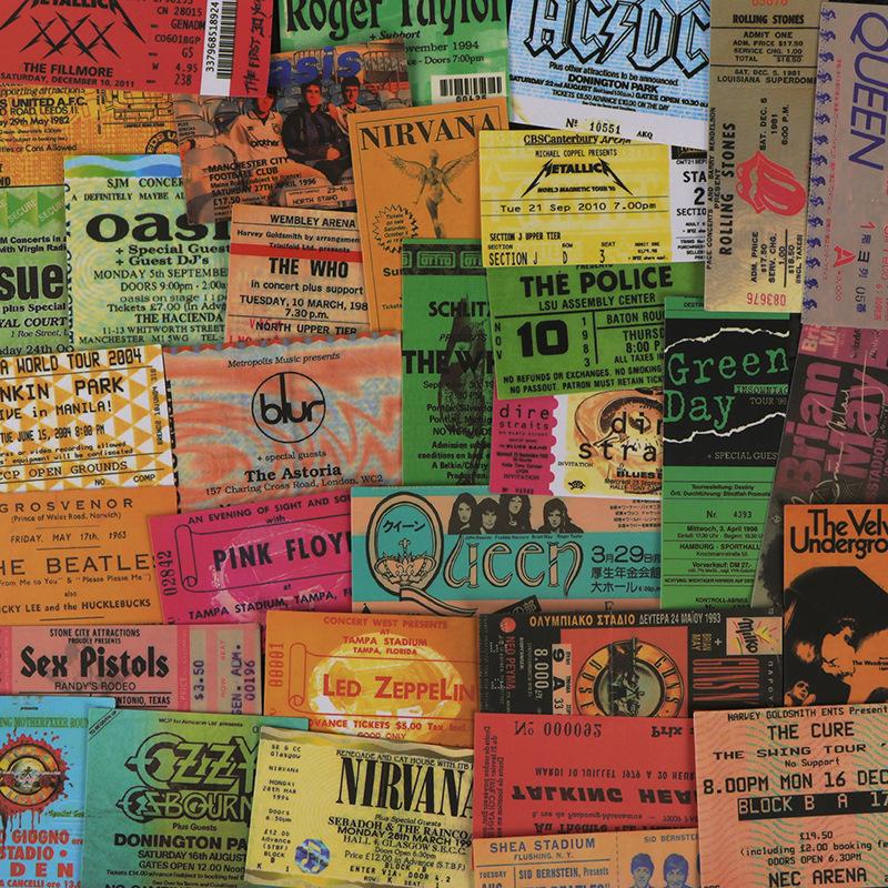 43PCS Rock Music Ticket Graffiti Stickers Retro Band Decals for Kids Toys Cool Waterproof DIY Guitar Motorcycle Car Sticker 43PCS