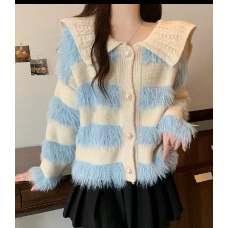 

Весна и Осень Новинка Имитация Норки Ленивый Ветер Высококлассный Мягкий Восковой Кардиган Свитер Кукольный Воротник Мягкий Восковой Вязаный Свитер Женский one size fits all синий