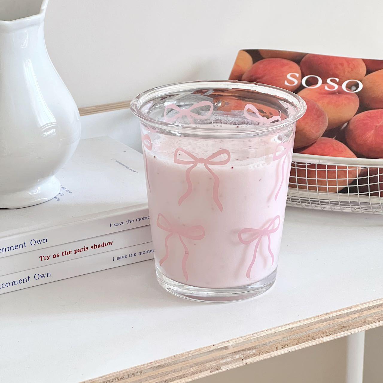 

Summer Girly Heart Bow Transparent Glass Cup for Cold Drinks and Coffee 301-400ml