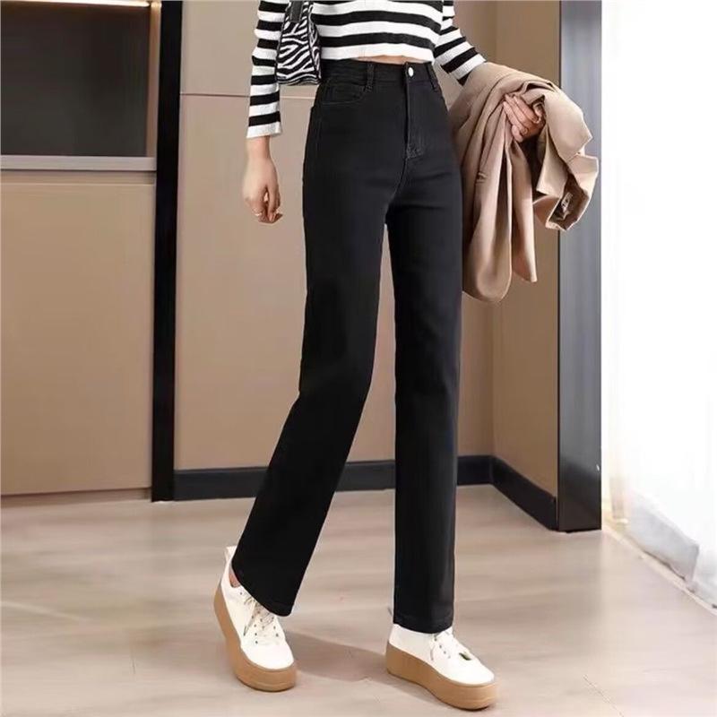 

Women s High-Waisted Black Fleece-Lined Straight-Leg Jeans for Autumn and Winter Size 31