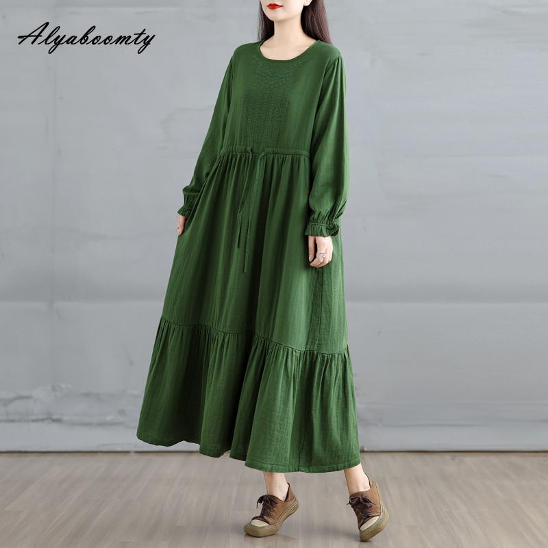 Korean Style Plus Size Spring Autumn Women Midi Dress O Neck Red Green Brown Burgundy Oversized Dress Lace Up Embroidery Cotton Dress