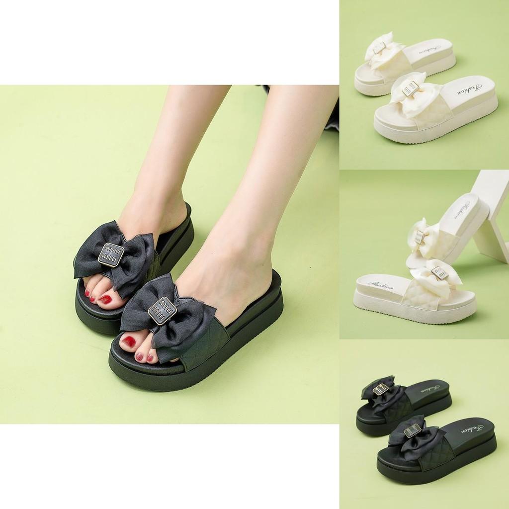 Stylish Thick Soled Bowknot Summer Slippers For Women Fashionable Casual Wear