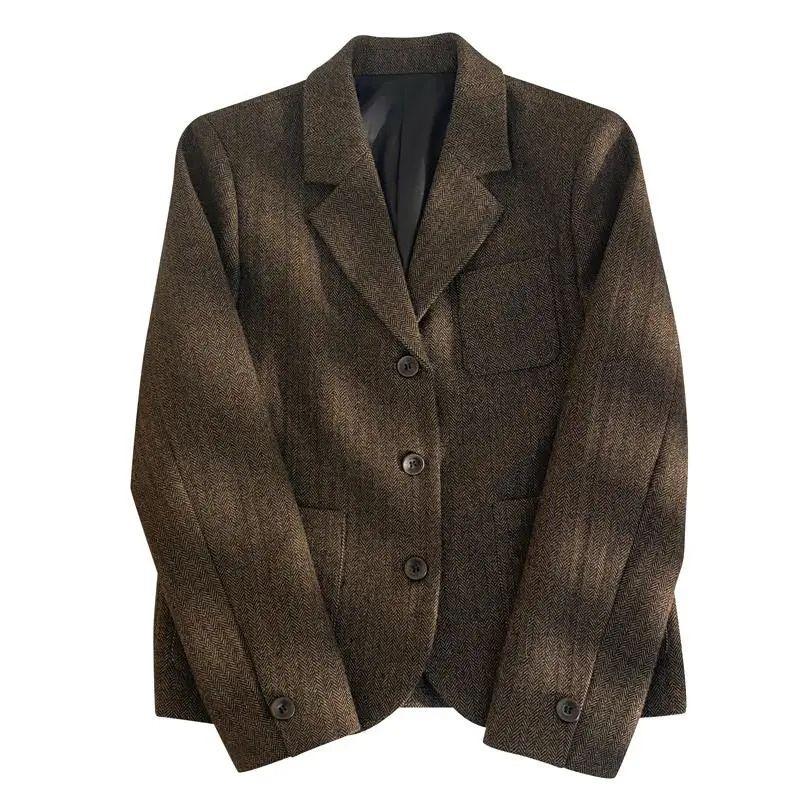 Casual Coffee Woolen Plaid Suit Coat with Retro Design for Women