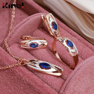 Kinel Blue Natural Zircon Jewelry Sets Rose Gold And Silver Two Colors Necklace Earrings And Ring Sets