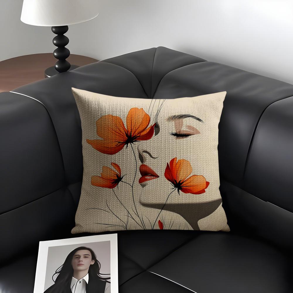 Flowers And Women Cushion Cover Natural Linen Organic Fabric DoubleSided Printing Sofa Home Decor Gift Pillow Case