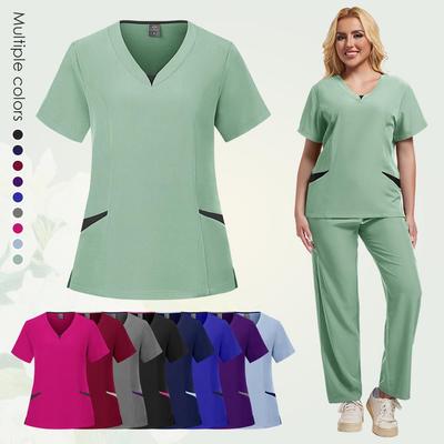 Completo da scrub da donna color block: Uniforme a maniche corte, con design spezzato per medici e infermieri
