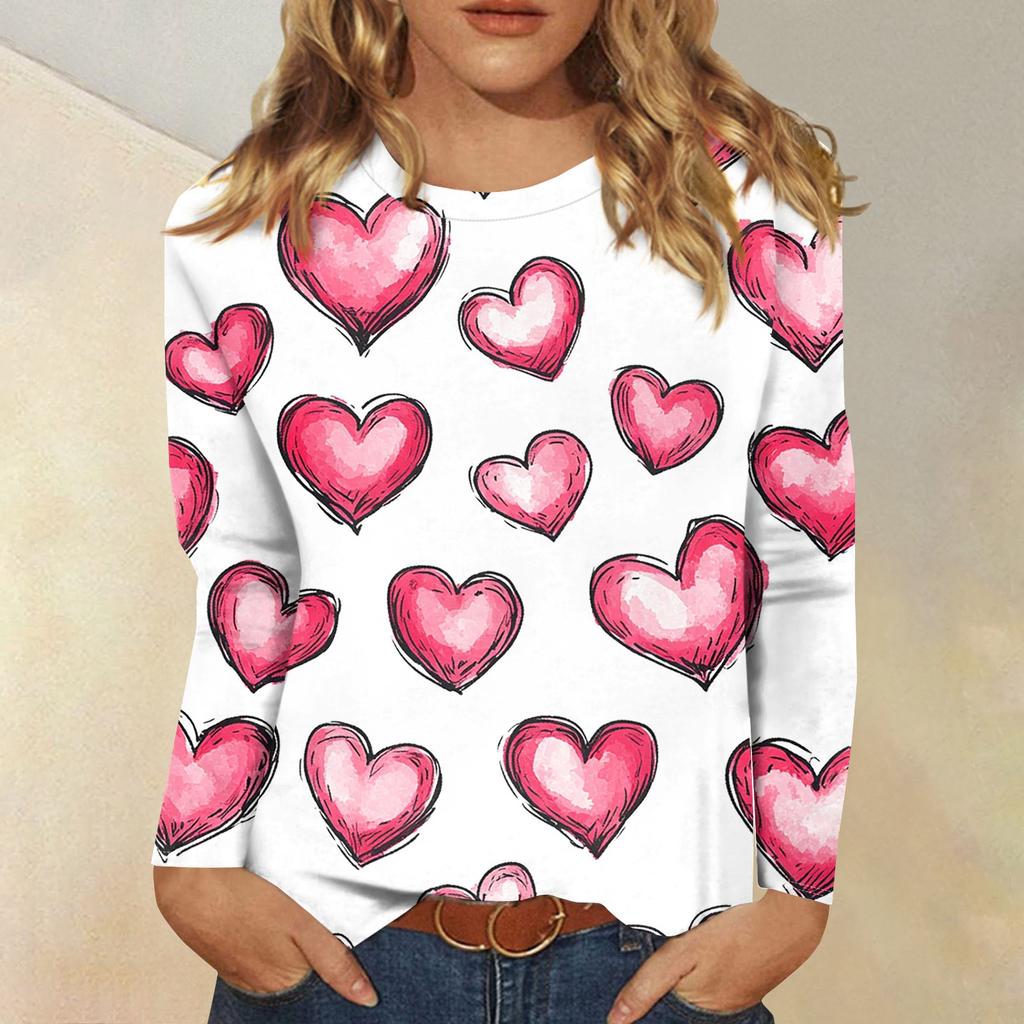 Long Sleeve Shirts For Women Cute Print Graphic Tees Blouses Casual Plus Size Basic Tops Pullover Valentine's Day
