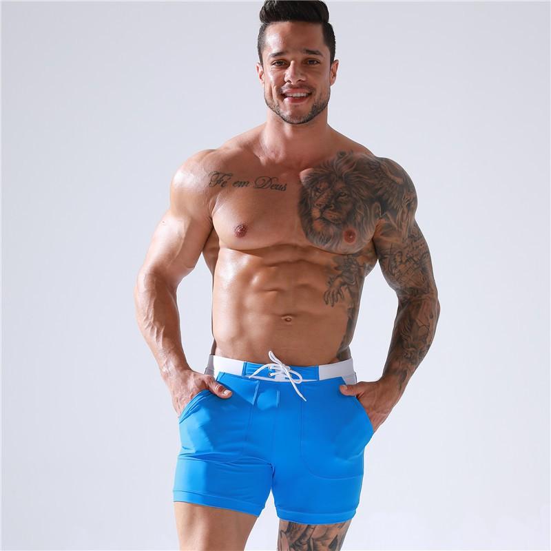 

New Style Youth Large Size High-elastic Mid-waist Men s Hot Spring Swimming Pants Pure Color Double-layer Surfing Shorts M озеро синий