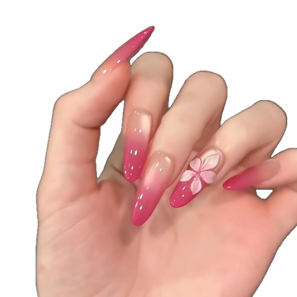 Nude Long Almond Rose Red Cat Eye Wearing Nail Spring and Summer Small Fresh Gradual Change Flower Nail Art Ice Through Advanced Sense