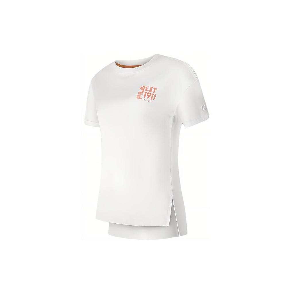 FILA Letter Print Sports Knit Short Sleeve Drop Shoulder T-Shirt Women T-Shirts Cloud-White A11W417105F-WT