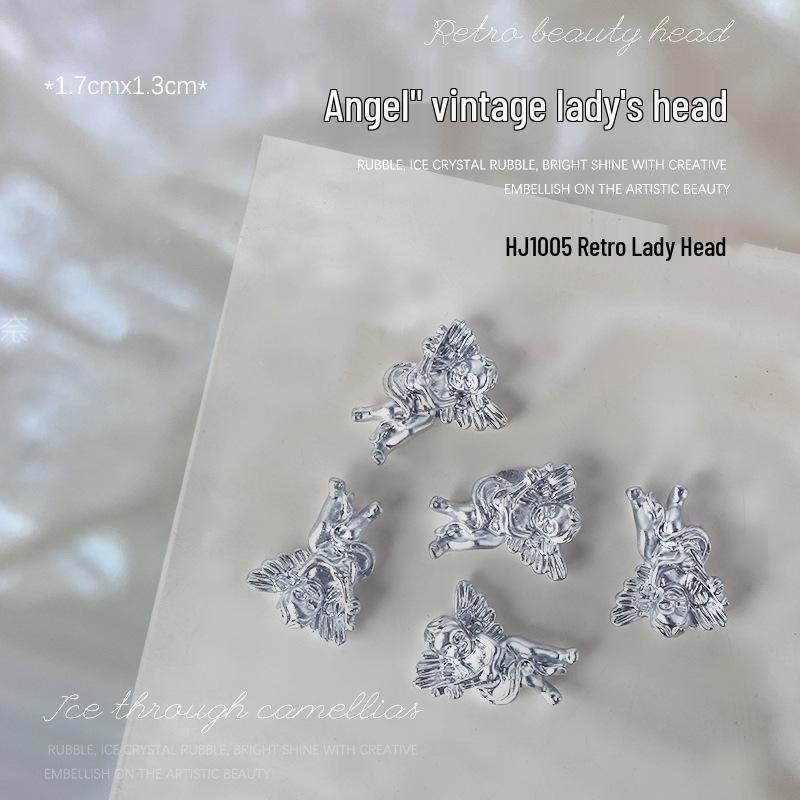 Baroque Angel Relief 3D Nail Art Decorations - Vintage White Metal, 5 Pieces